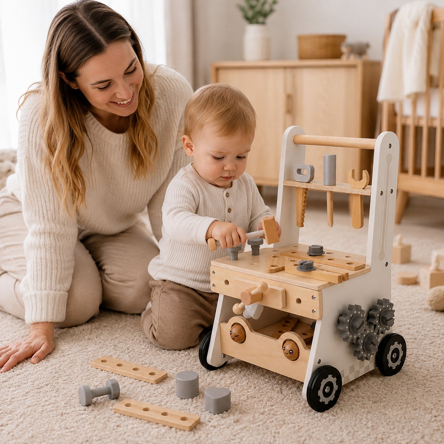 Eltern und Kind spielen gemeinsam mit einem Montessori Holzspielzeug