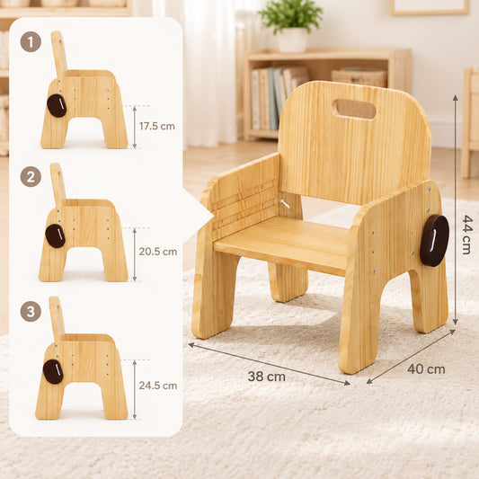 Höhenverstellbarer Kinderhocker aus Holz in Naturfarbe für das Kinderzimmer