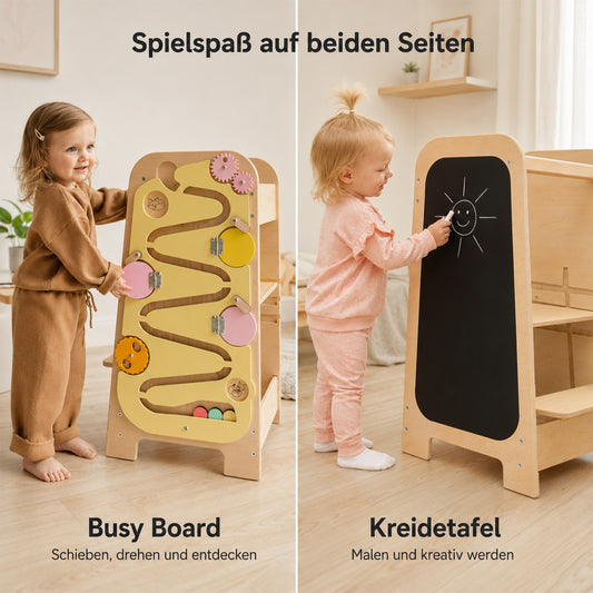Zweiseitiger Lernturm mit Busy Board und Kreidetafel für Kinder