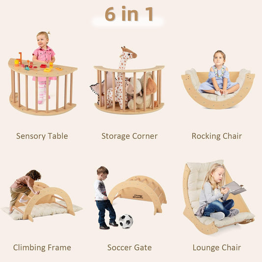 Kind sitzt im Lounge-Chair-Modus des 6-in-1 Montessori Kletterbogens