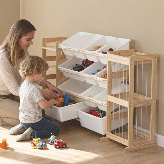 Kinder Spielzeugregal aus Holz in Frontansicht mit 4 Ebenen und Aufbewahrungsboxen