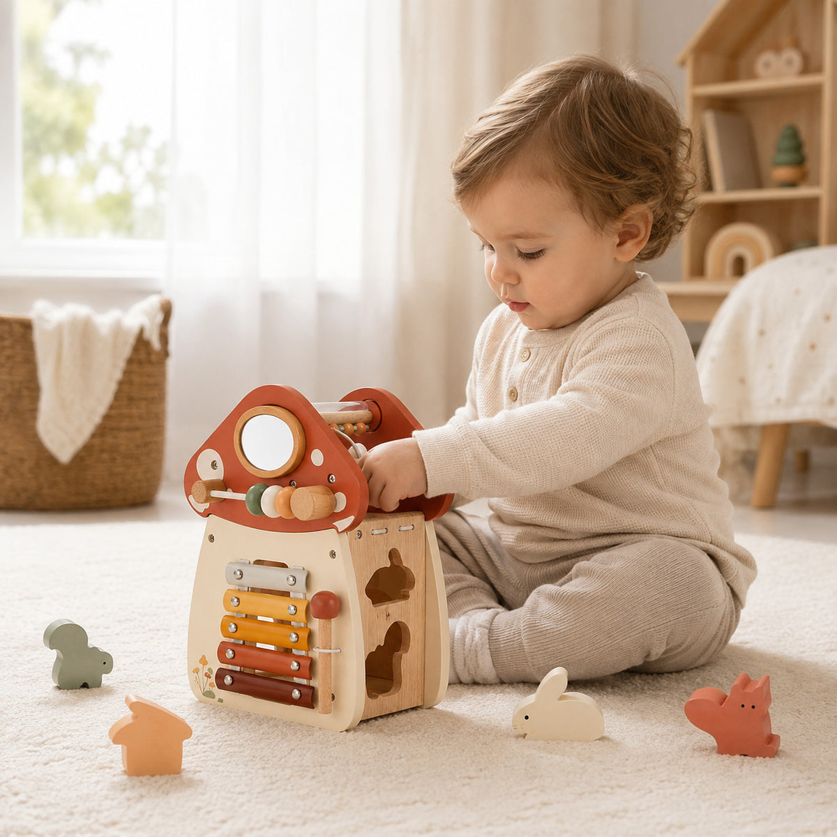 Kind spielt selbstständig mit einem Montessori Motorikhaus aus Holz