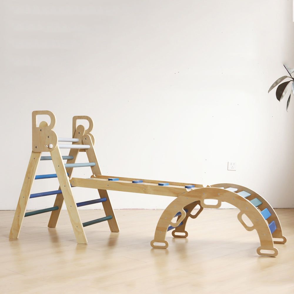 Holz-Kletterdreieck-Spielset mit klappbarer Struktur, Rutschrampe und Schaukelbogen