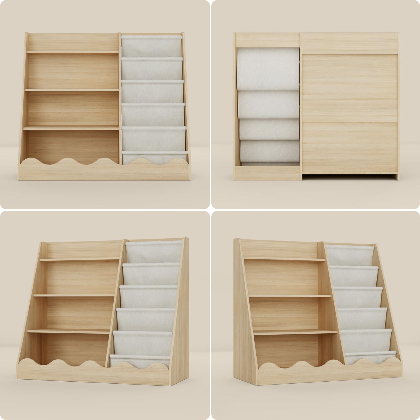 Montessori Bücherregal für Kinder – 4 Etagen Holzregal mit Stofffächern