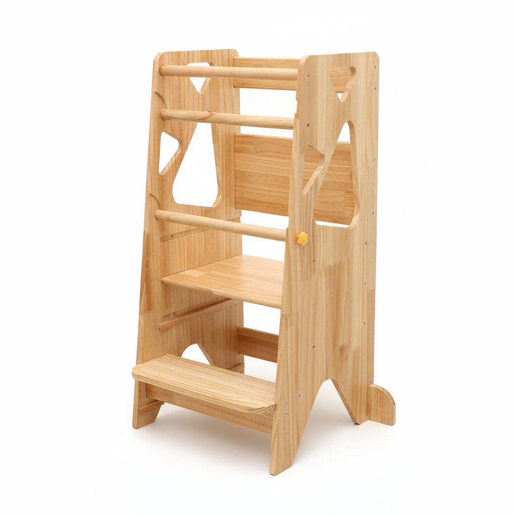 Torre de aprendizaje Montessori: taburete con escalón de madera maciza de altura regulable para niños pequeños con 2 escalones