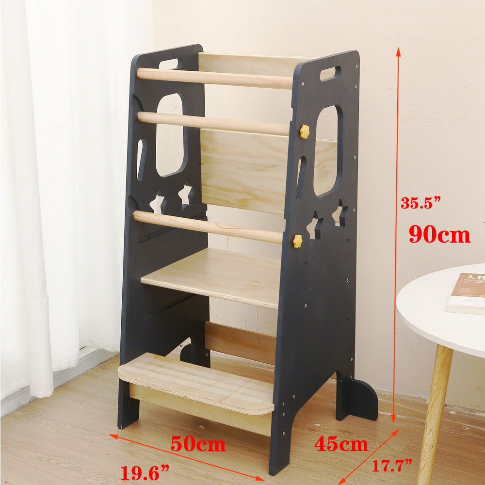 Montessori Lernturm für Kleinkinder mit Stern-Ausschnitten in Grau und Naturholz, verstellbarer Plattform und Sicherheitsgeländern
