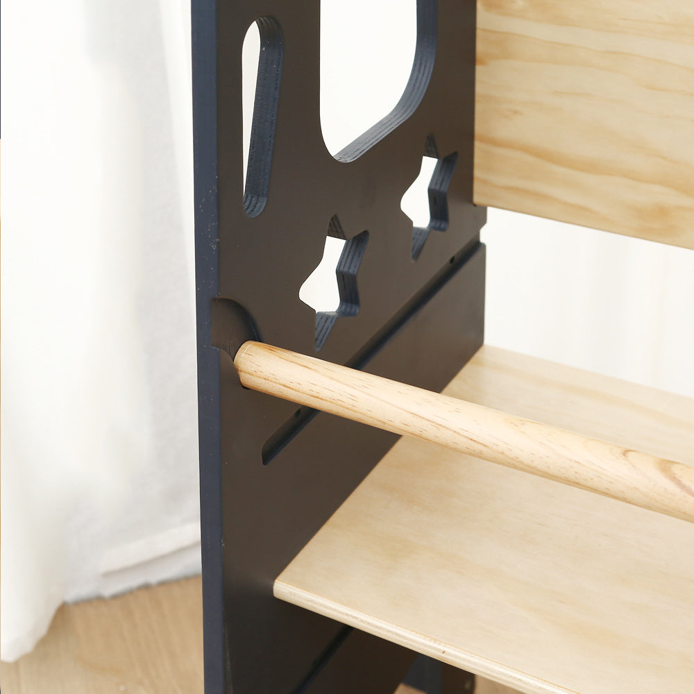 Montessori Lernturm für Kleinkinder mit Stern-Ausschnitten in Grau und Naturholz, verstellbarer Plattform und Sicherheitsgeländern