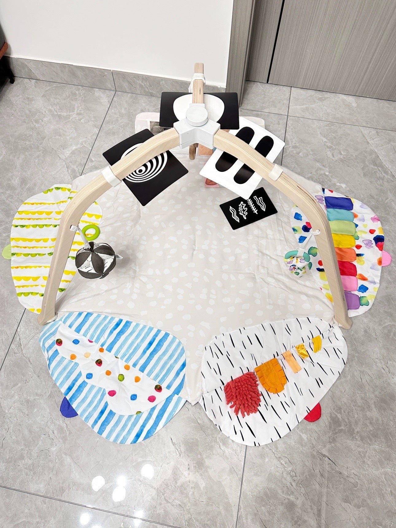 Montessori Wooden Play Gym – 5 Zones & 6 Sensory Toys