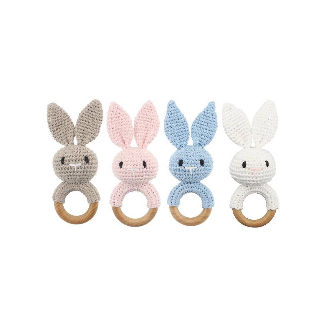 MontessoriLernwelt Häkeln Baby Hasen Beißring Set in 4 Farben