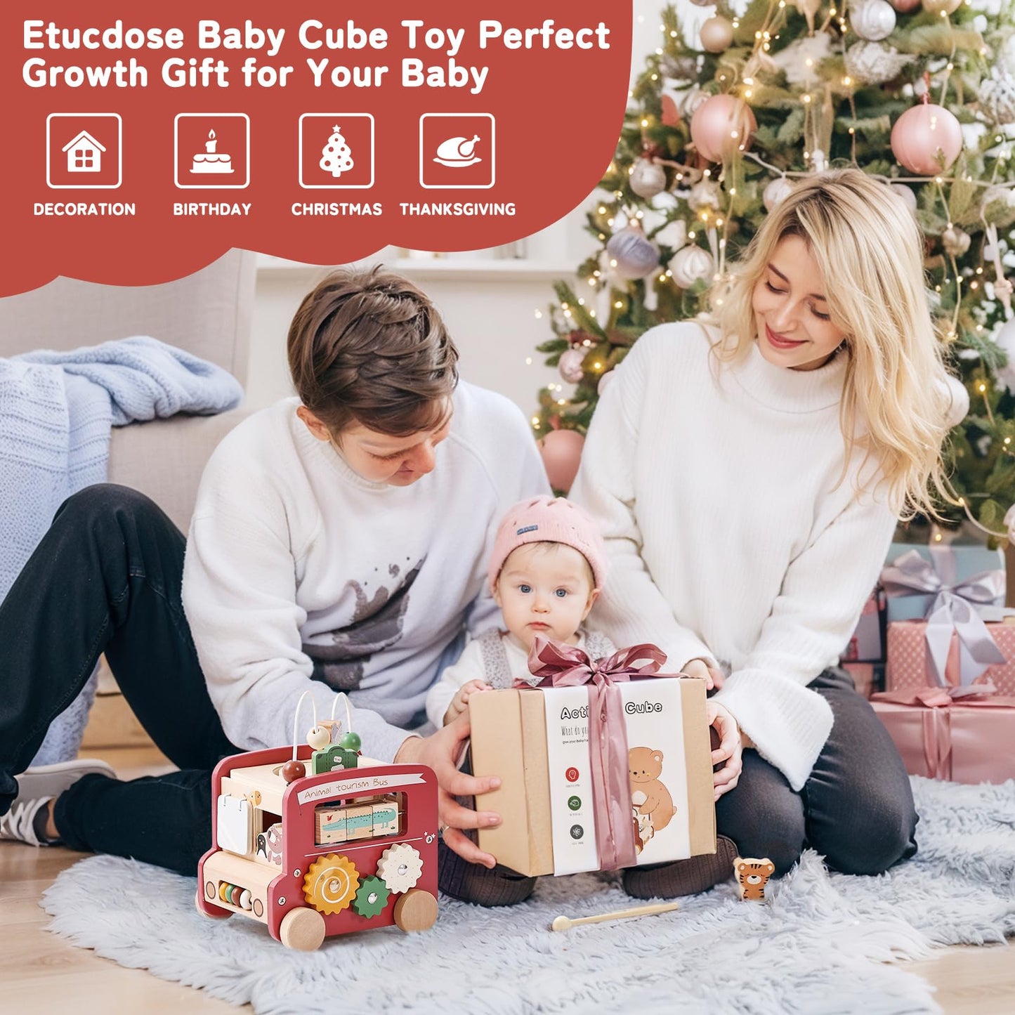 Montessori 8-in-1 Busy Bus – Aktivitätswürfel aus Holz - Rot