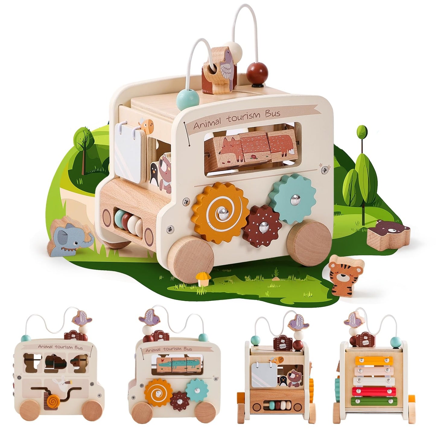 Montessori 8-in-1 Busy Bus – Aktivitätswürfel aus Holz - Beige