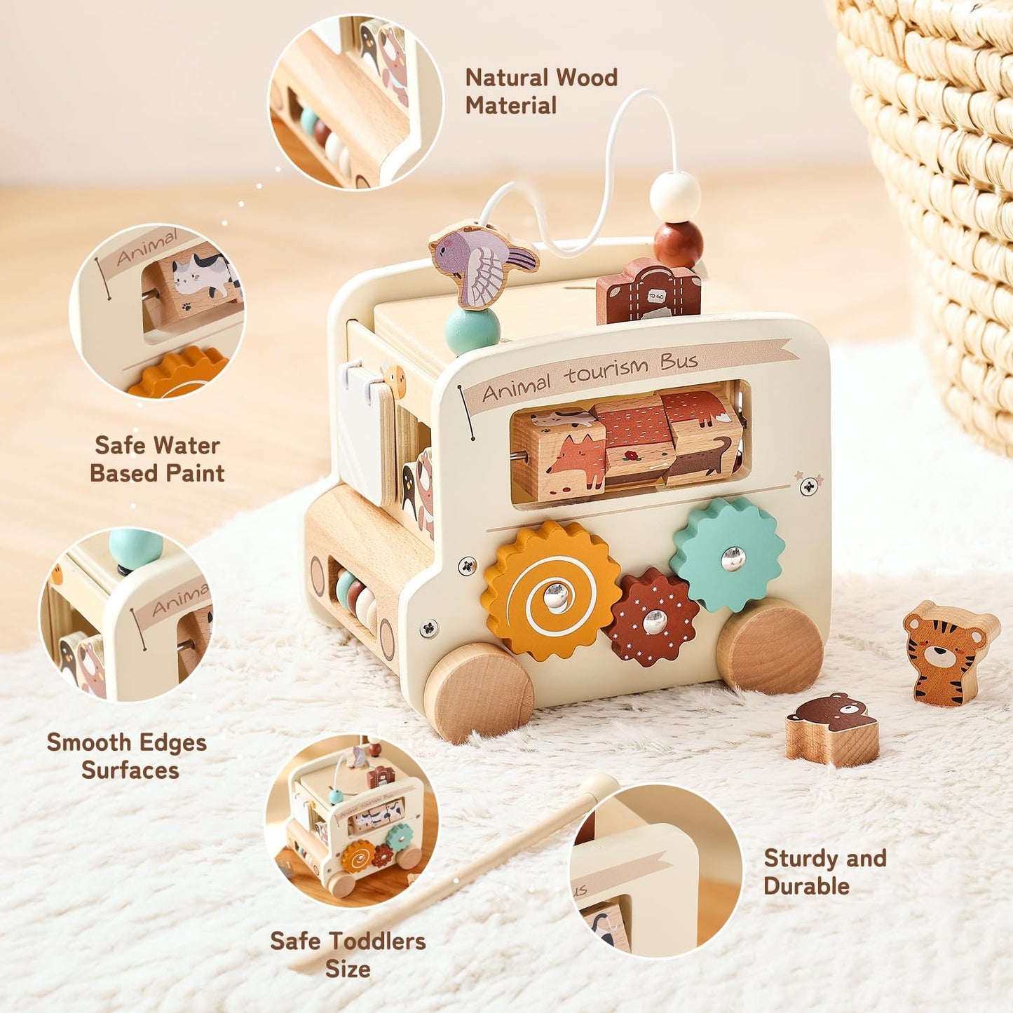 Montessori 8-in-1 Busy Bus – Aktivitätswürfel aus Holz - Beige