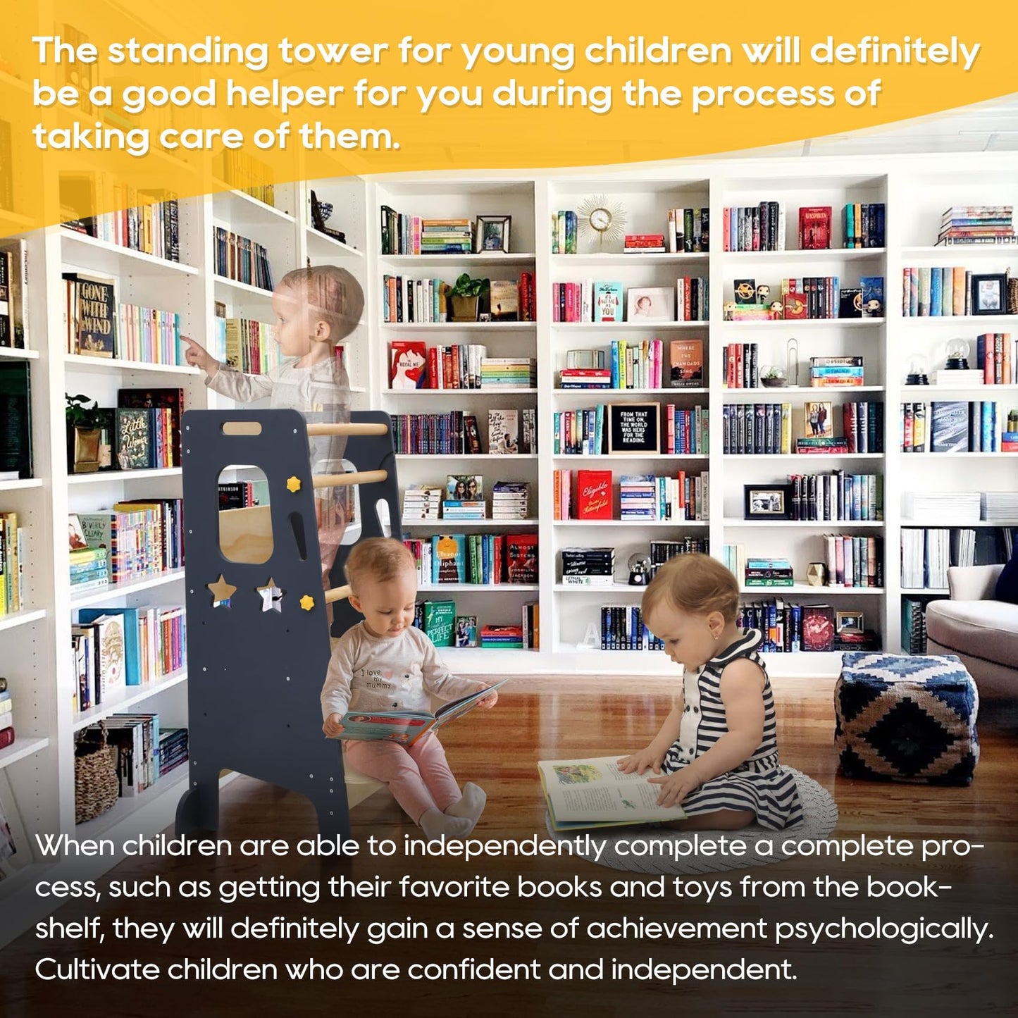 Torre de aprendizaje ajustable Montessori para niños pequeños: taburete de madera maciza con recortes de estrellas