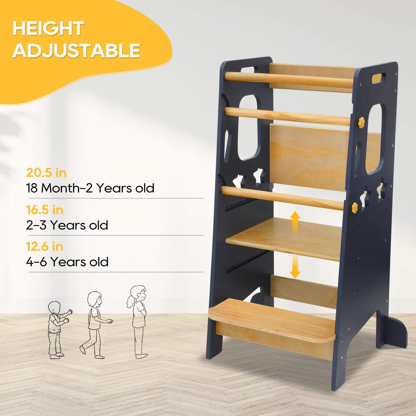 Torre de aprendizaje ajustable Montessori para niños pequeños: taburete de madera maciza con recortes de estrellas