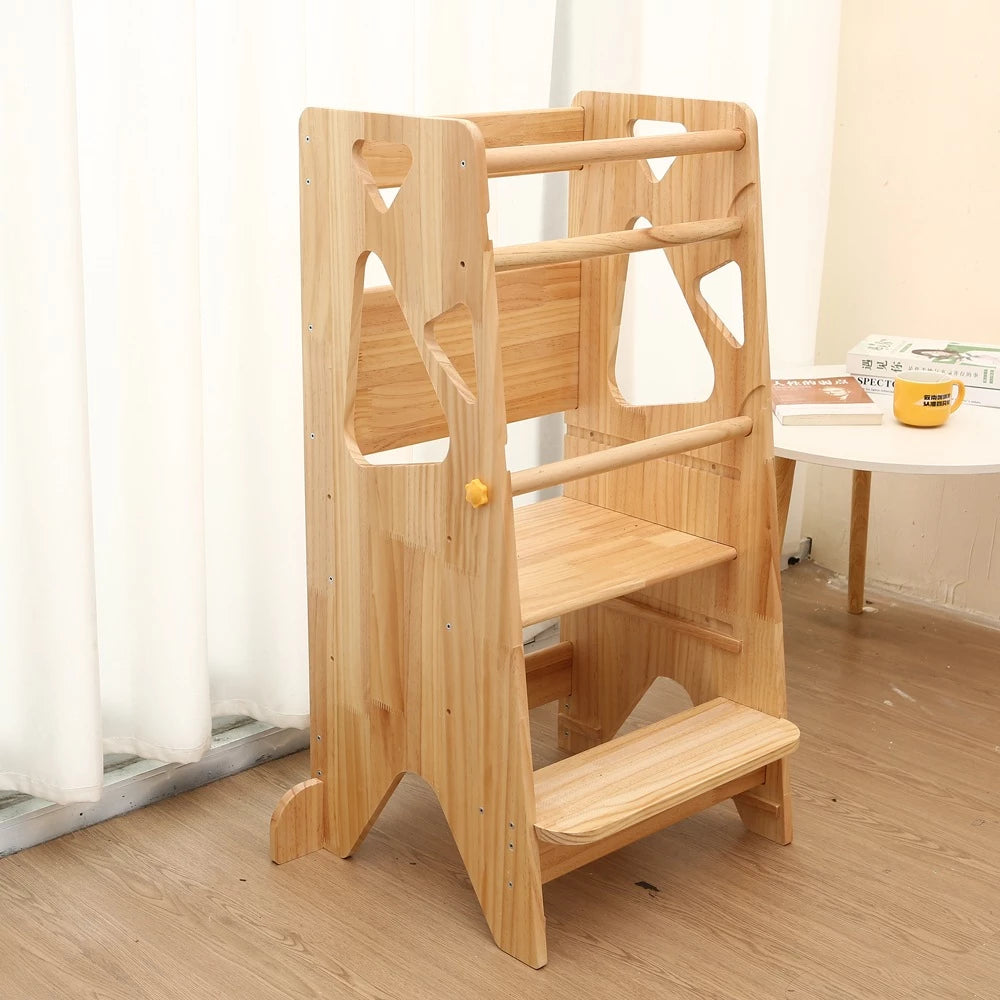 Torre de aprendizaje Montessori: taburete con escalón de madera maciza de altura regulable para niños pequeños con 2 escalones