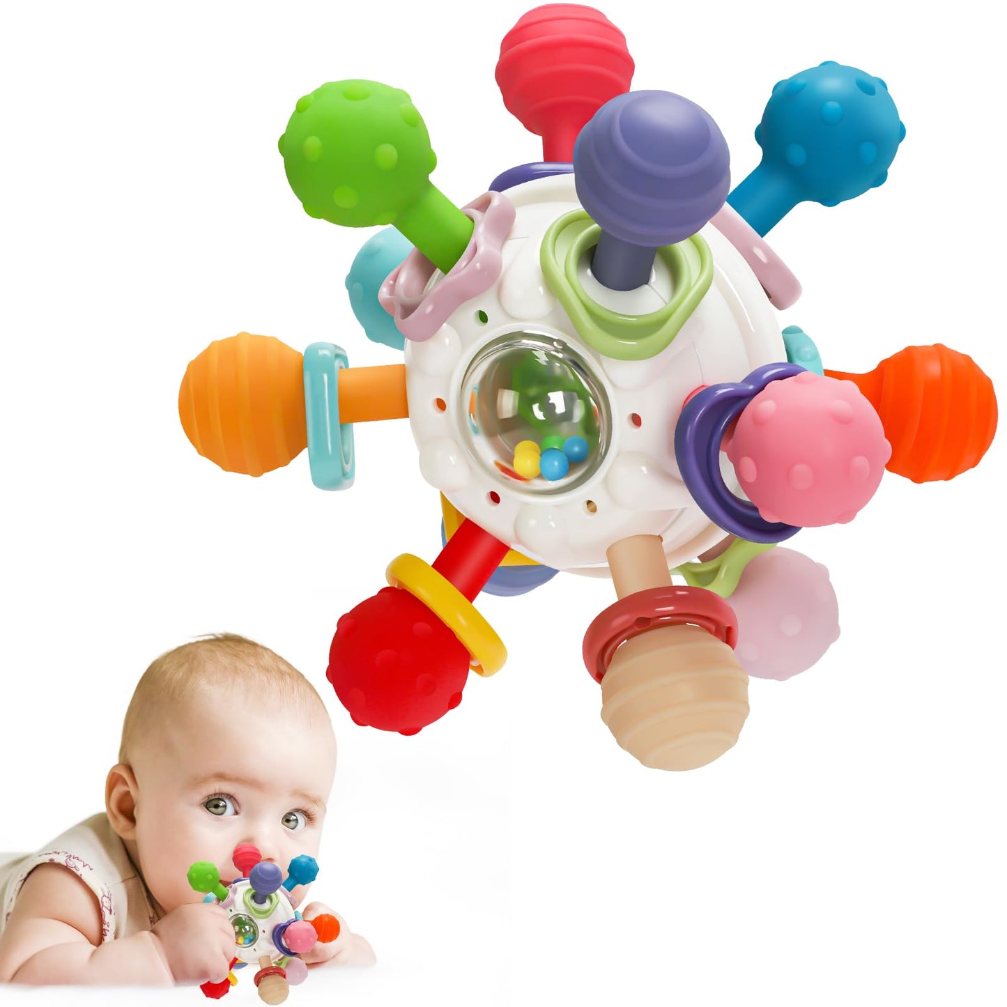 5-in-1 Baby Beißring & Sensorik-Rassel | Must-Have für Entwicklung & unterwegs