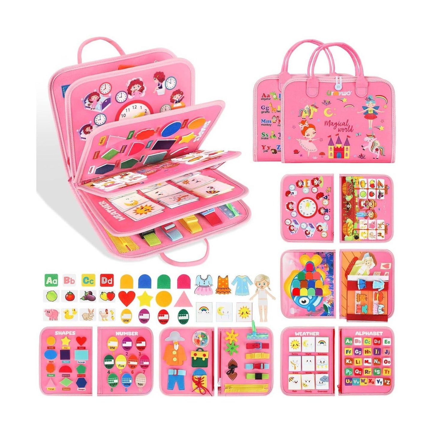 MontessoriLernwelt Busy Board 10-in-1 – Prinzessin, Anziehspiel & Bauernhof, Montessori Busy Book für Kinder 1–4 Jahre