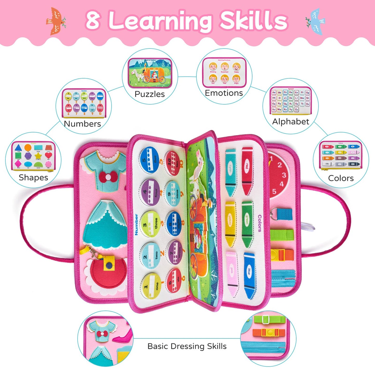 Busy Board Prinzessin – Montessori Busy Book mit Puzzle & Anzieh-Skills, Reisespiel ab 1–4 Jahren – montessorilernwelt
