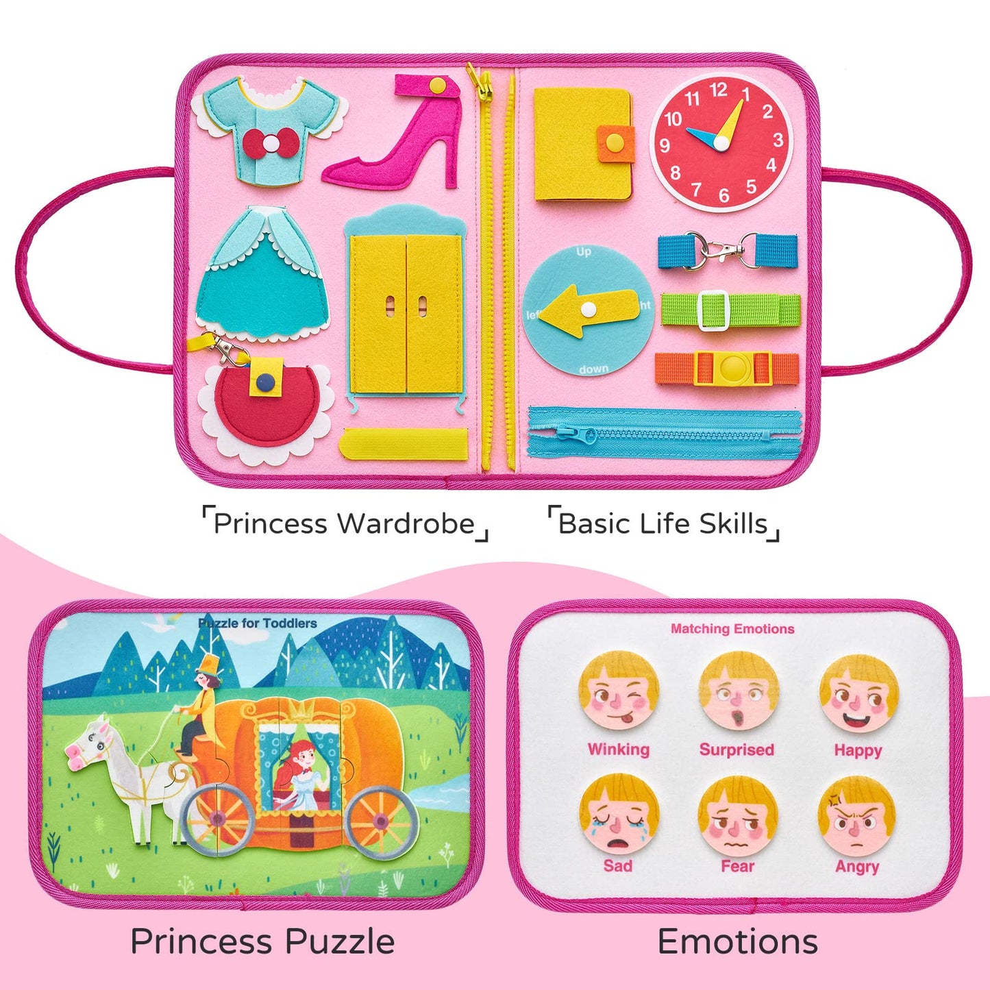 Busy Board Prinzessin – Montessori Busy Book mit Puzzle & Anzieh-Skills, Reisespiel ab 1–4 Jahren – montessorilernwelt