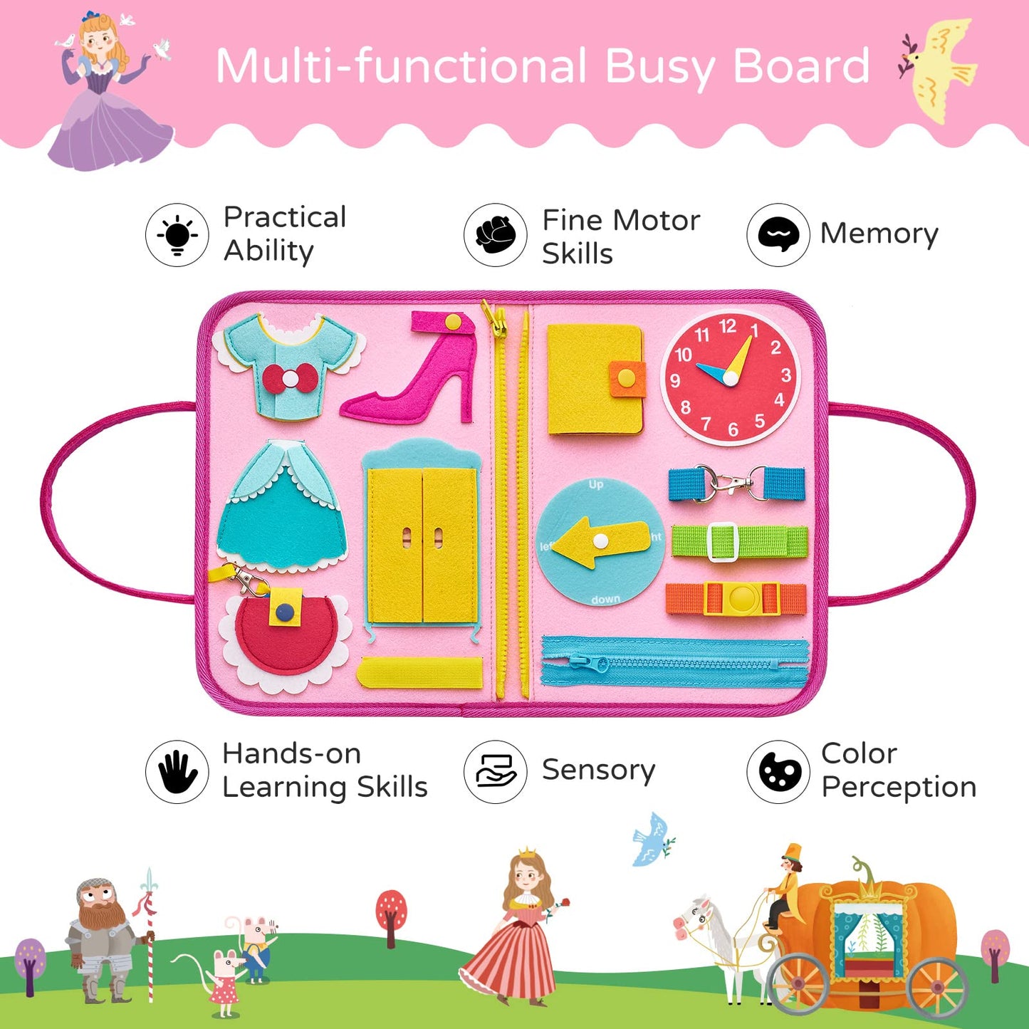 Busy Board Prinzessin – Montessori Busy Book mit Puzzle & Anzieh-Skills, Reisespiel ab 1–4 Jahren – montessorilernwelt