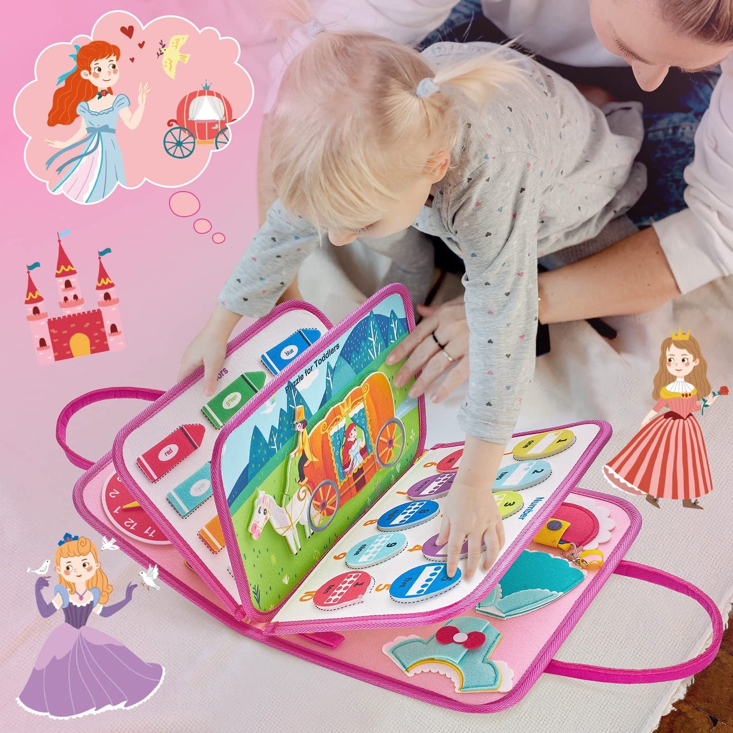 Busy Board Prinzessin – Montessori Busy Book mit Puzzle & Anzieh-Skills, Reisespiel ab 1–4 Jahren – montessorilernwelt