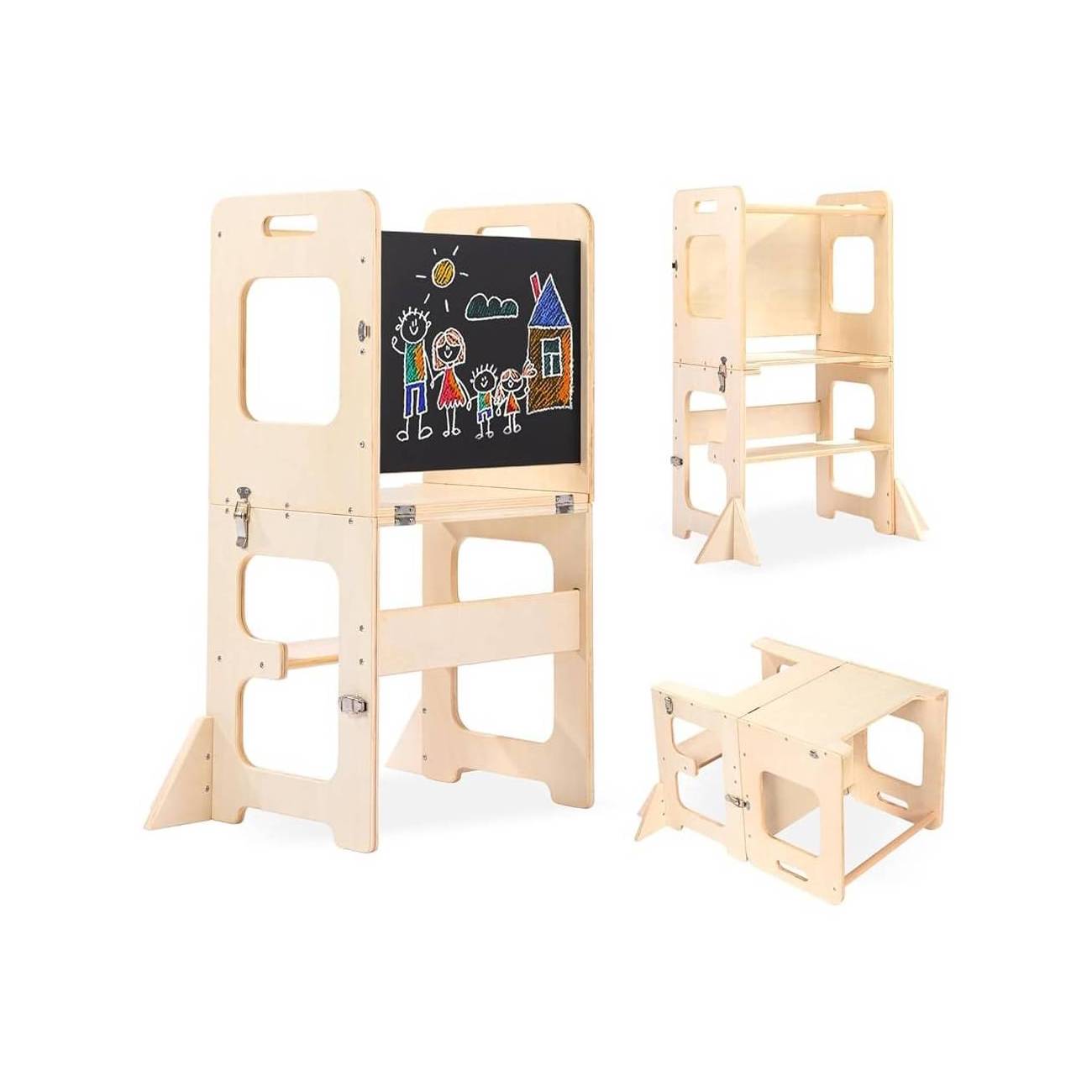 MontessoriLernwelt klappbarer Lernturm 3-in-1 mit Tafel und Tisch – Montessori Küchenhelfer & Tritthocker für Kinder ab 1 Jahr