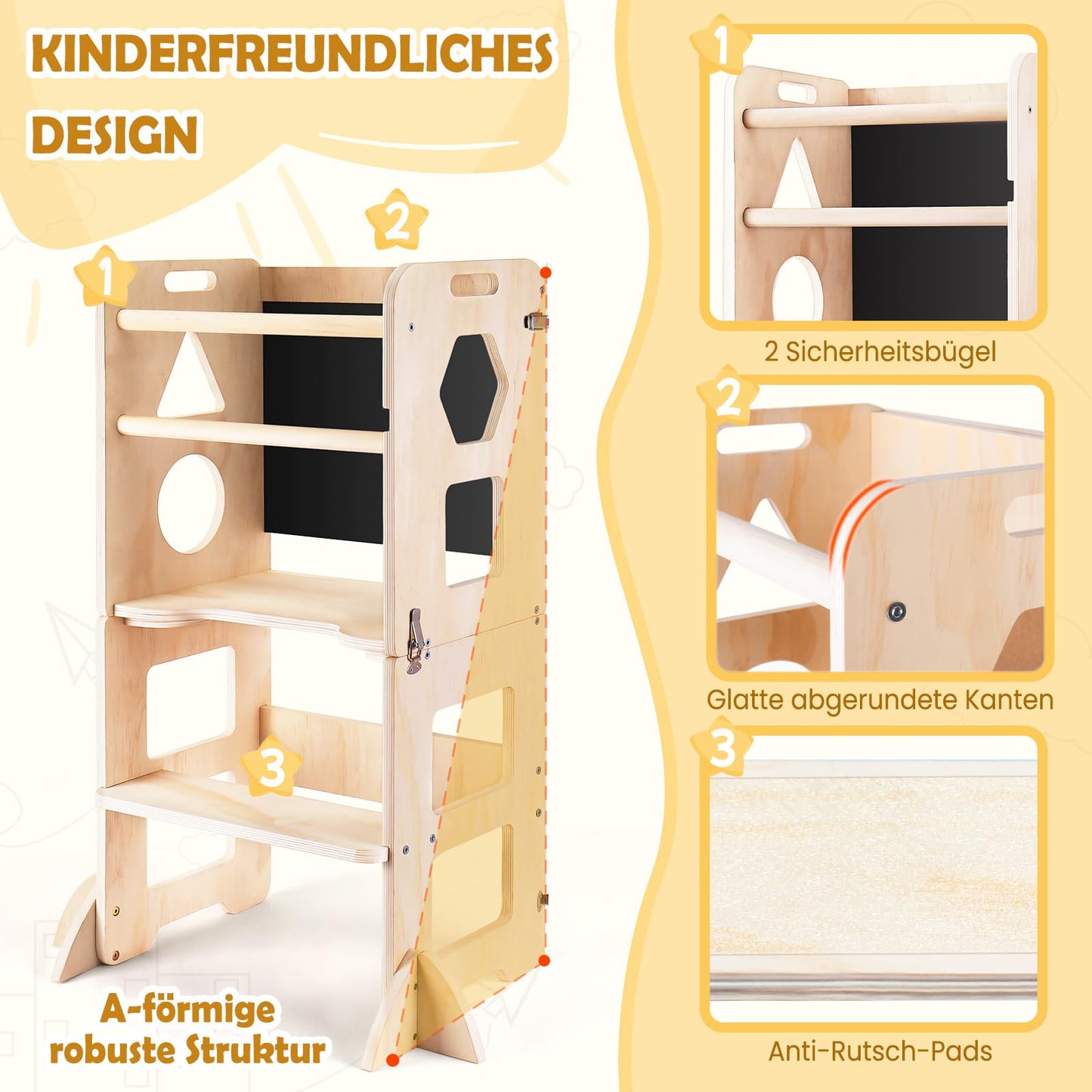MontessoriLernwelt klappbarer Lernturm 3-in-1 mit Tafel und Tisch – Montessori Küchenhelfer & Tritthocker für Kinder ab 1 Jahr