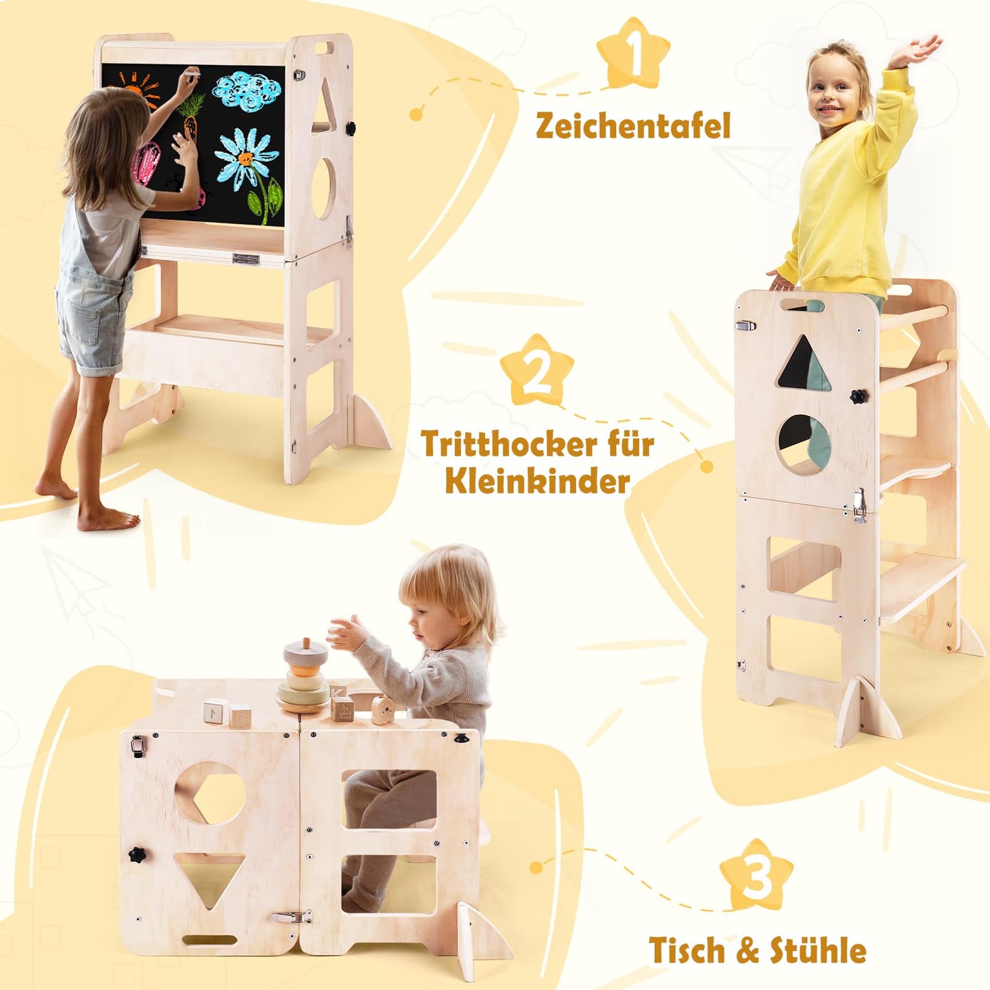 MontessoriLernwelt klappbarer Lernturm 3-in-1 mit Tafel und Tisch – Montessori Küchenhelfer & Tritthocker für Kinder ab 1 Jahr