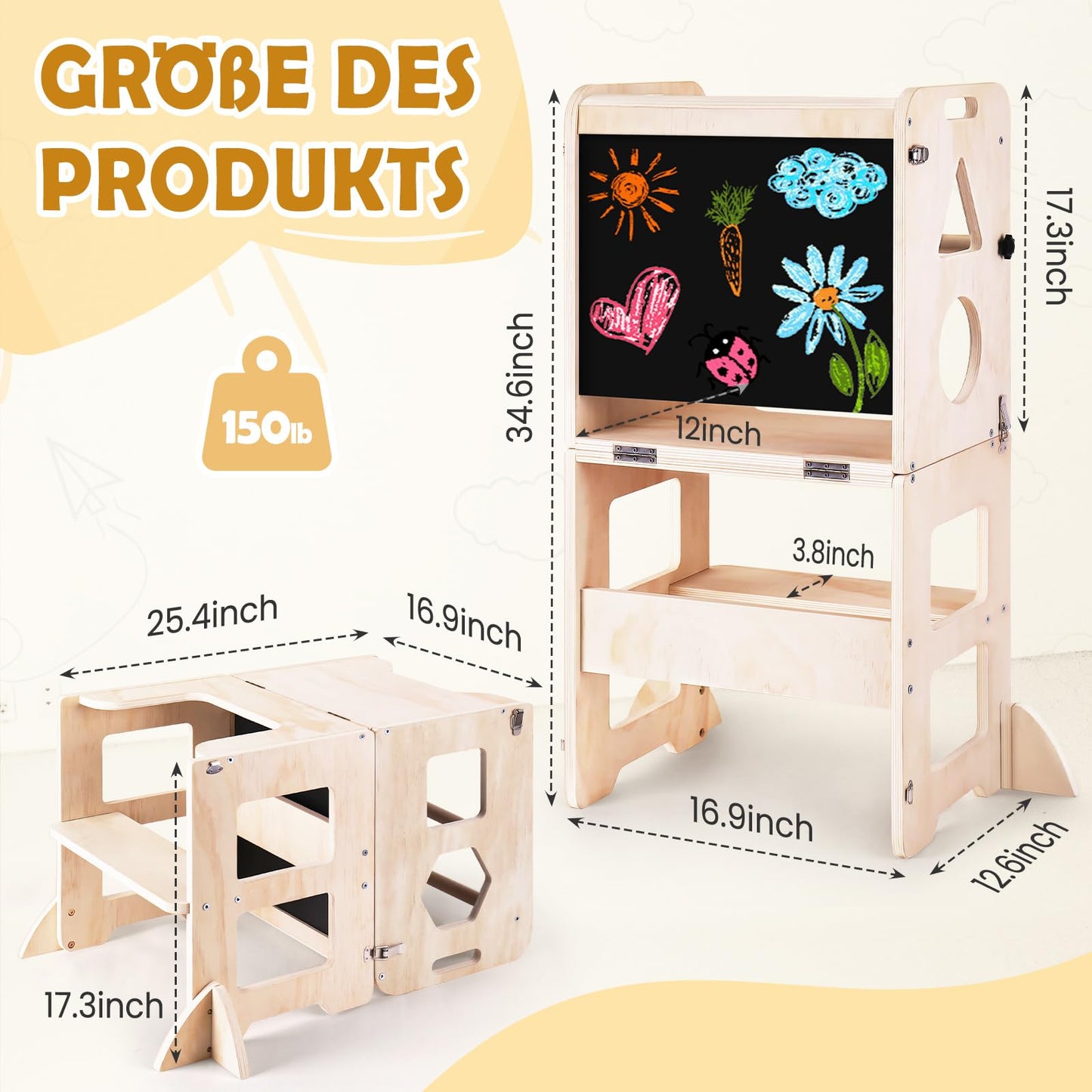 MontessoriLernwelt klappbarer Lernturm 3-in-1 mit Tafel und Tisch – Montessori Küchenhelfer & Tritthocker für Kinder ab 1 Jahr