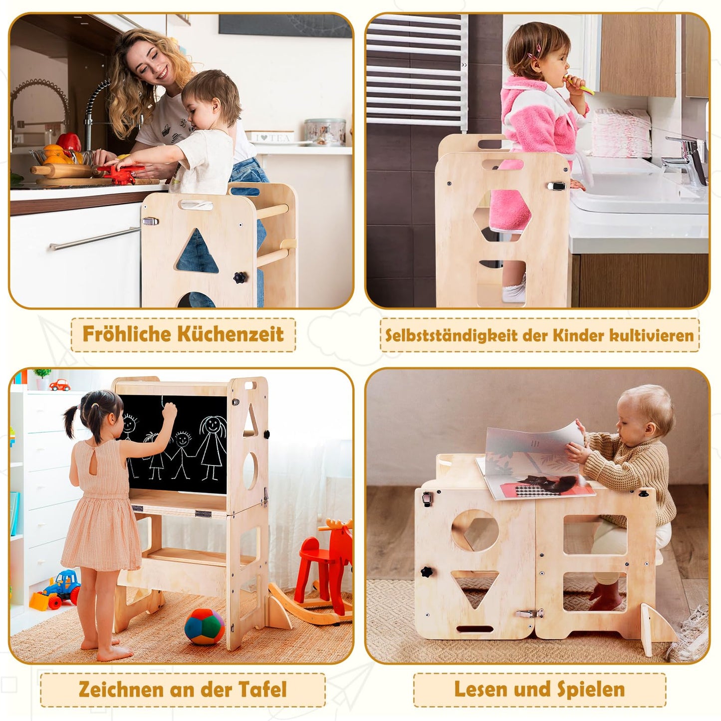 MontessoriLernwelt klappbarer Lernturm 3-in-1 mit Tafel und Tisch – Montessori Küchenhelfer & Tritthocker für Kinder ab 1 Jahr