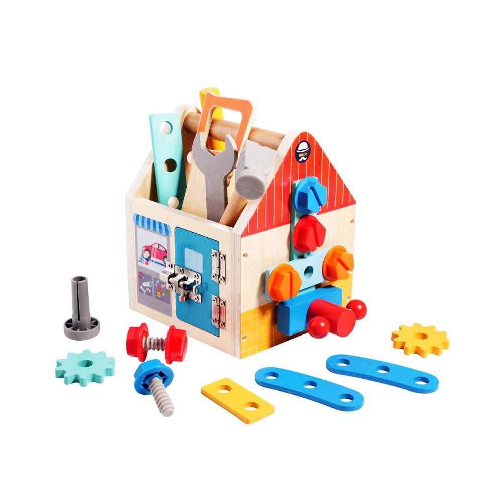 Kind spielt mit einer Holz-Frühpädagogik-Simulation Lockpicking Toolbox, ideal zur Förderung von Intelligenz und motorischen Fähigkeiten.