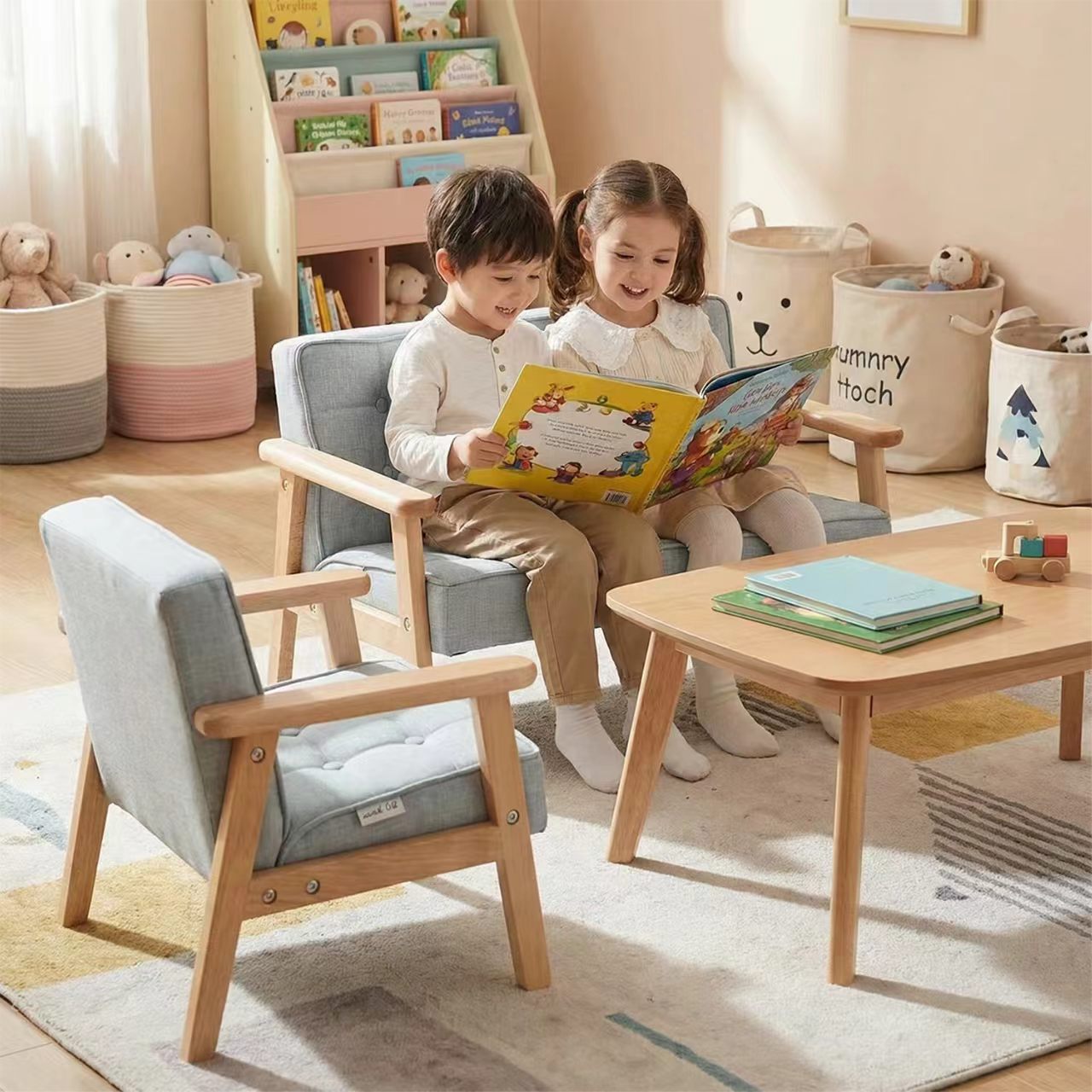 Kinder Sofa Holz Grau Blau Buchenholz Kindersessel 1 Sitzer 2 Sitzer Kinderzimmer Möbel