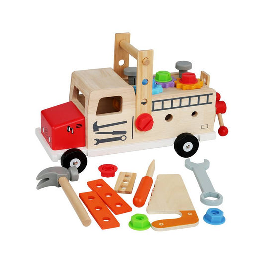 Kind verwendet eine Schraubendreher-Reparaturstation aus Holz, ideal für die Förderung von Hand-Augen-Koordination und kognitive Fähigkeiten bei Kindern im Alter von 4-6 Jahren.