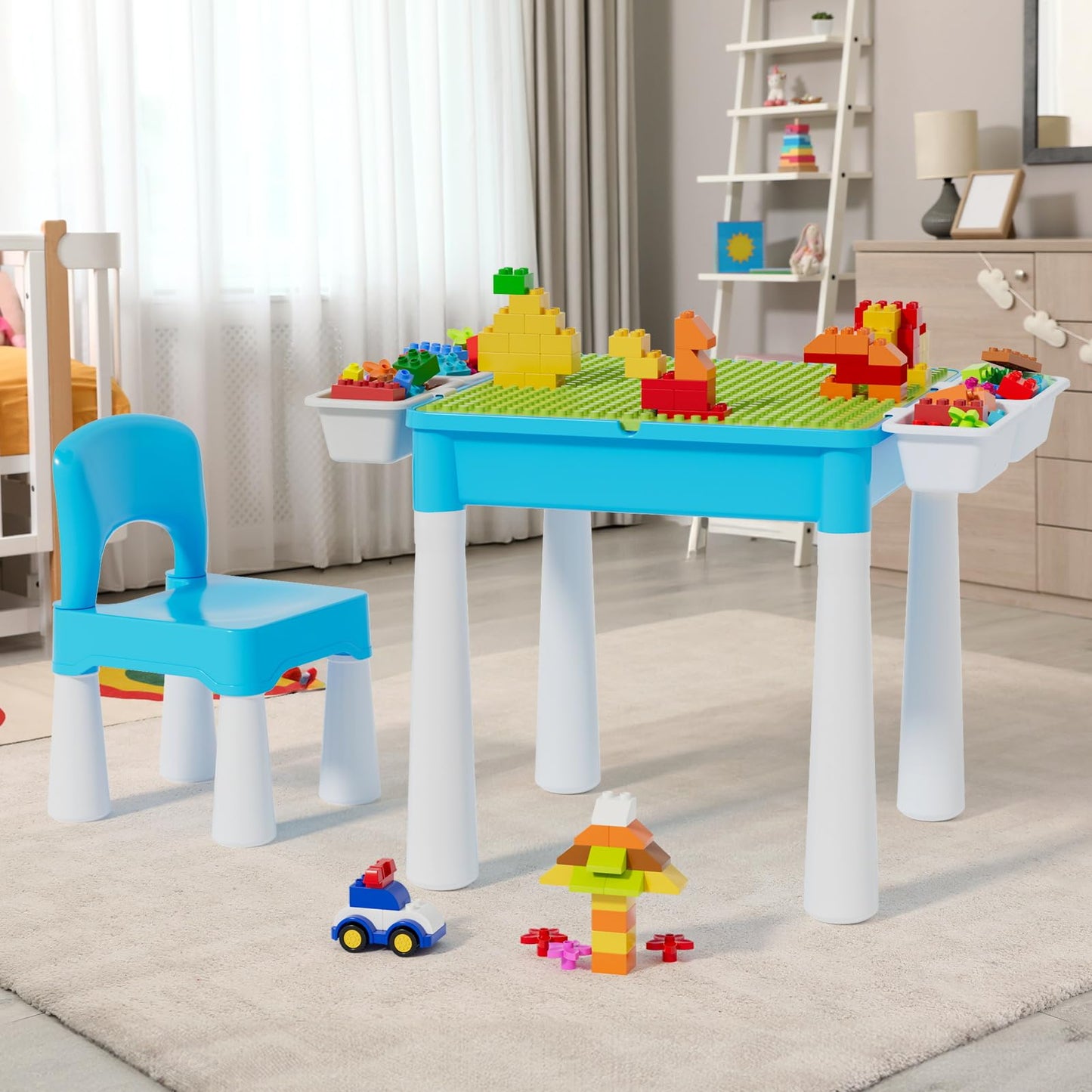 montessoriLernwelt Lego Tisch mit Stuhl für Kinder, ideal zum Bauen und Spielen
