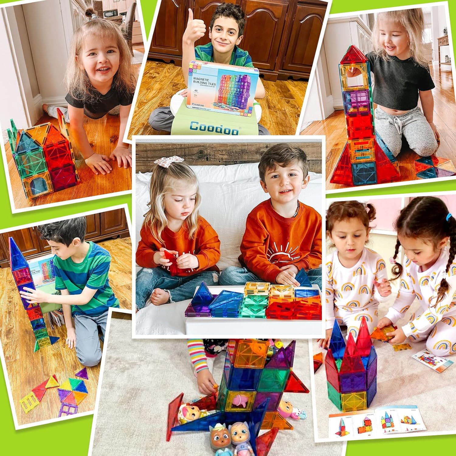 Kinder spielen mit magnetmontierten Bausteinen, farbenfrohe, durchscheinende Magnetblöcke, die Kreativität und räumliches Denken fördern.