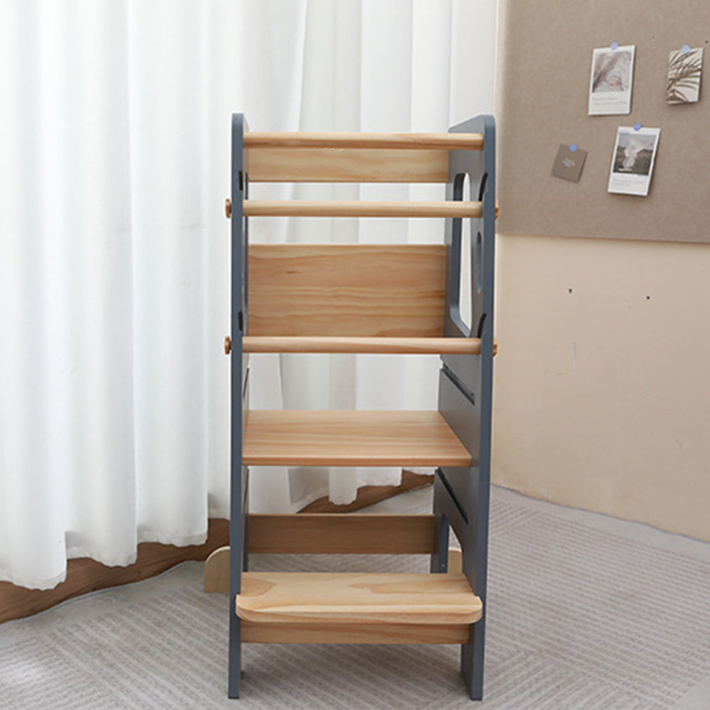 Montessori Lernturm in Grau und Naturholz – sicherer, höhenverstellbarer Tritthocker aus Holz für Kinder