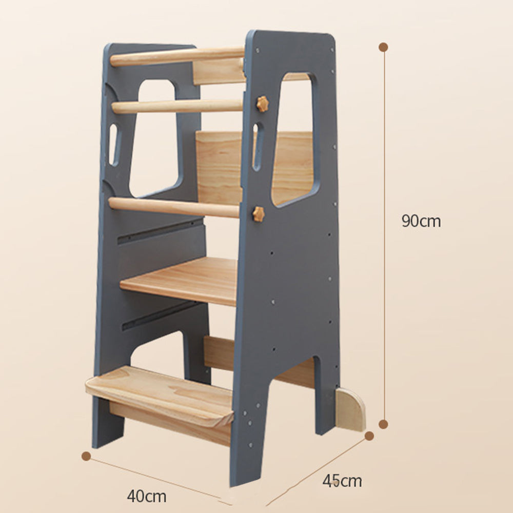 Montessori Lernturm in Grau und Naturholz – sicherer, höhenverstellbarer Tritthocker aus Holz für Kinder