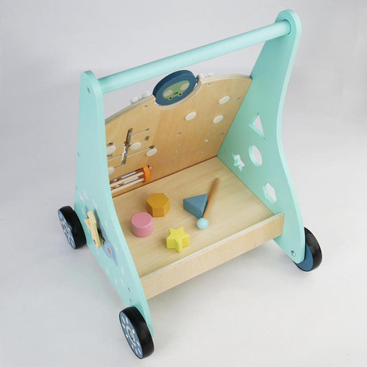 Montessori Lauflernwagen „Frosch & Wald“ aus Holz mit Busy Board