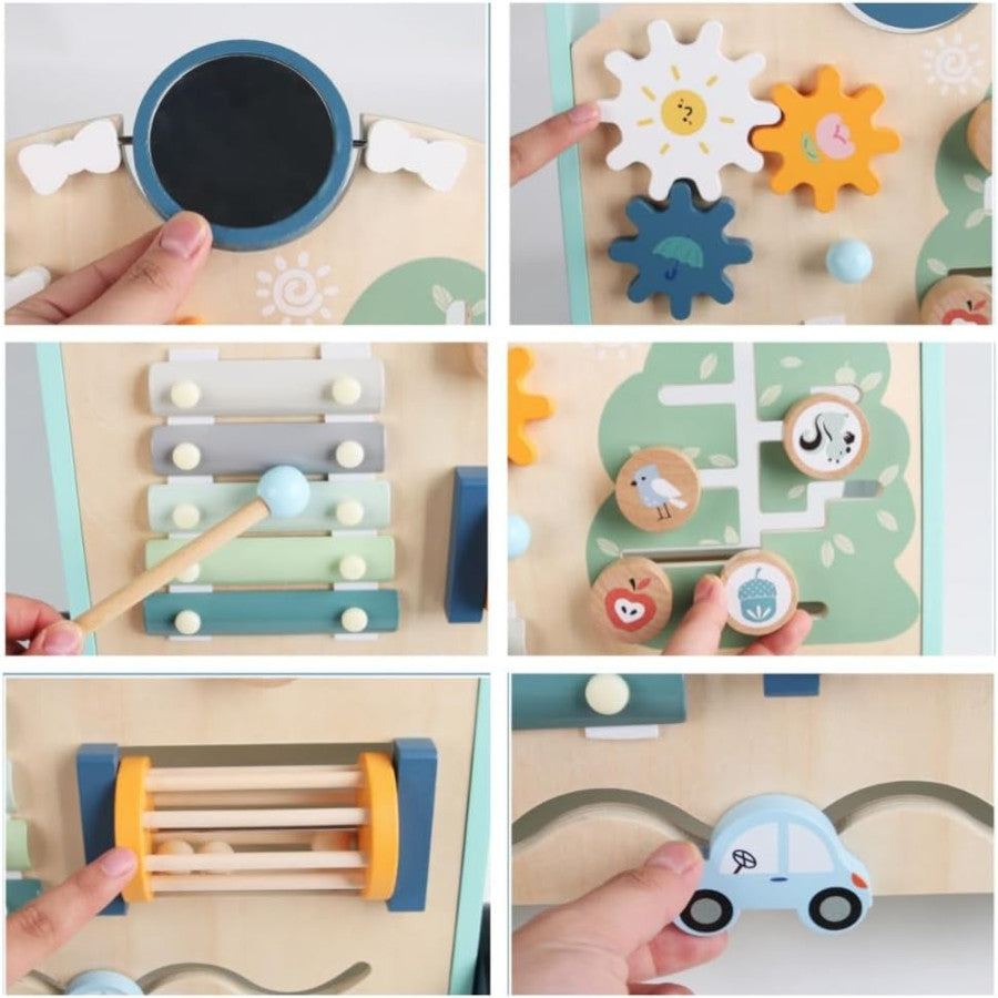 Montessori Lauflernwagen „Frosch & Wald“ aus Holz mit Busy Board
