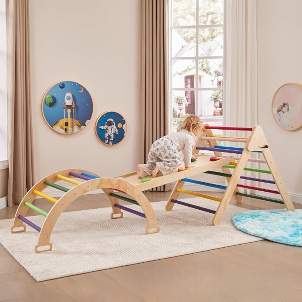 Klappbares Montessori-Kletterdreieck und Bogen-Spielset aus Holz mit bunten Sprossen und zweiseitiger Rutsche