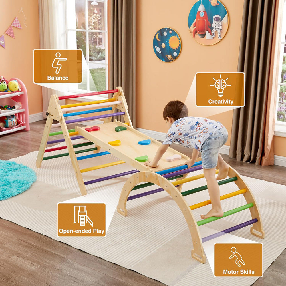 Klappbares Montessori-Kletterdreieck und Bogen-Spielset aus Holz mit bunten Sprossen und zweiseitiger Rutsche