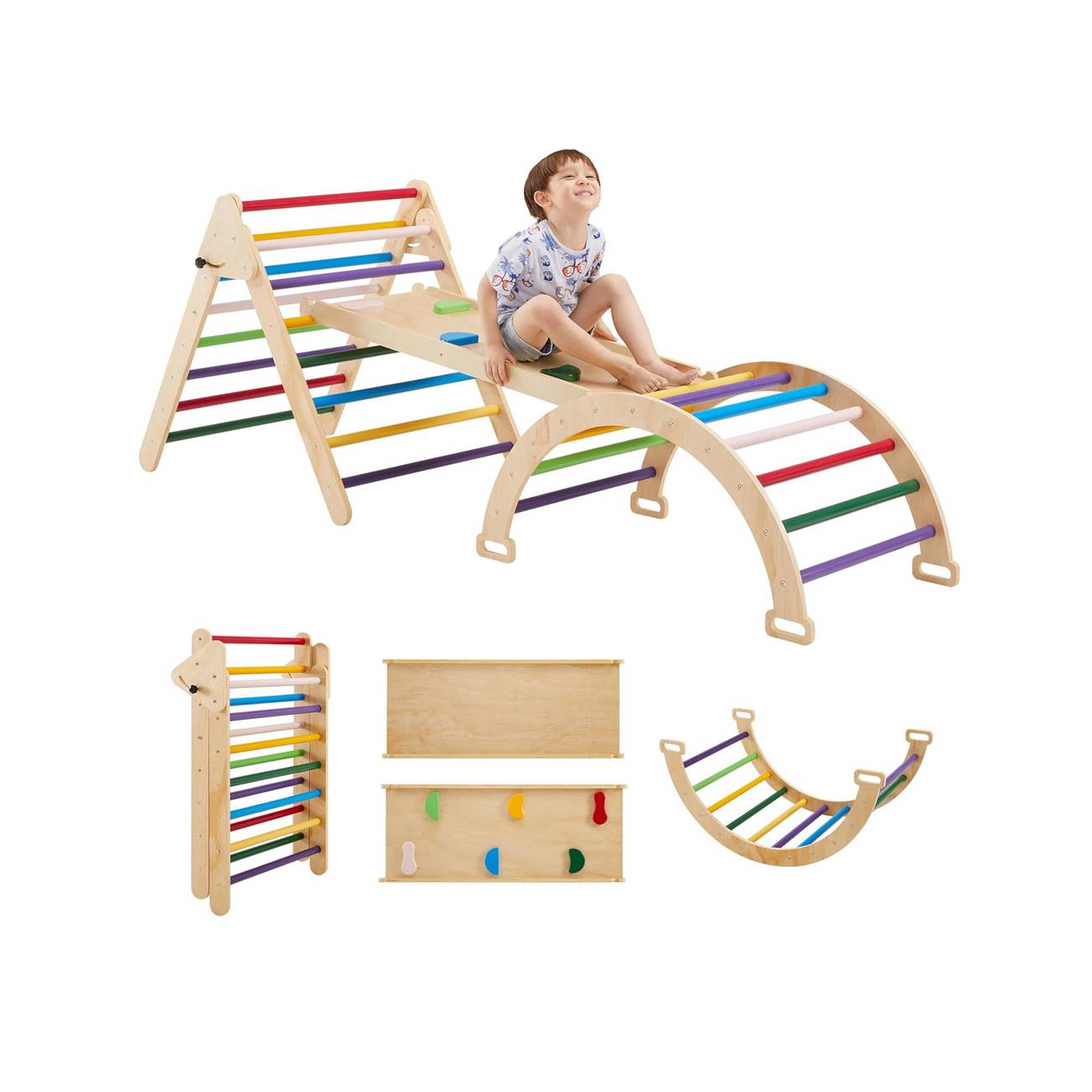 Klappbares Montessori-Kletterdreieck und Bogen-Spielset aus Holz mit bunten Sprossen und zweiseitiger Rutsche