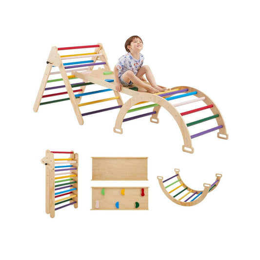 Klappbares Montessori-Kletterdreieck und Bogen-Spielset aus Holz mit bunten Sprossen und zweiseitiger Rutsche