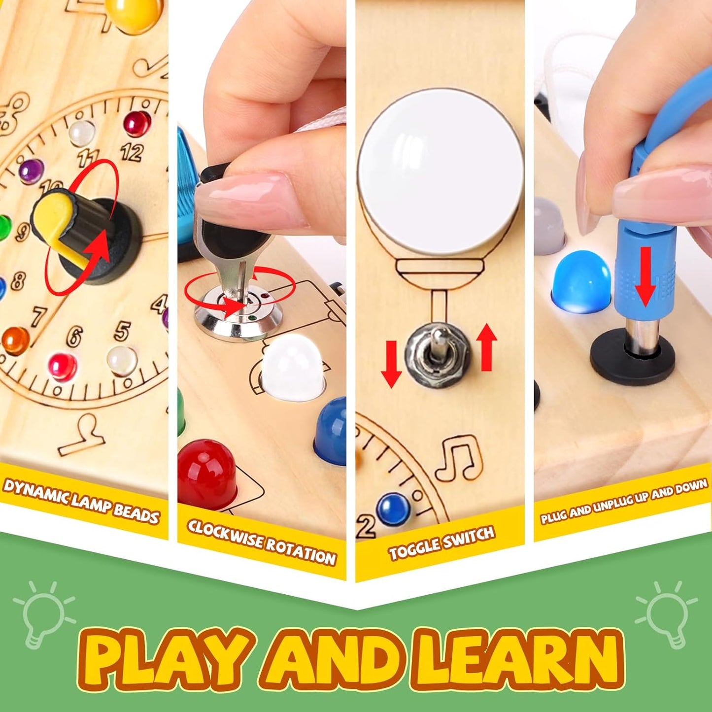 MontessoriLernwelt Busy Board aus Holz mit LED-Lichtern und Schaltern – sensorisches Montessori Aktivitätsboard für Kleinkinder