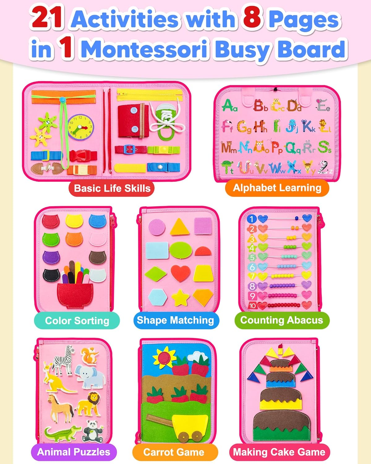 MontessoriLernwelt Montessori Busy Book – 8-seitiges Sensorik-Busy-Board aus Filz für Kleinkinder, Reise Lernspielzeug