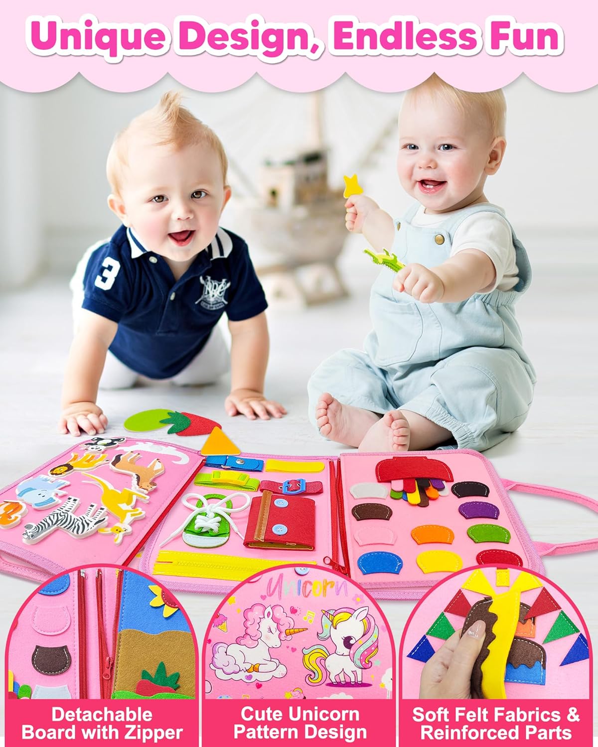 MontessoriLernwelt Montessori Busy Book – 8-seitiges Sensorik-Busy-Board aus Filz für Kleinkinder, Reise Lernspielzeug
