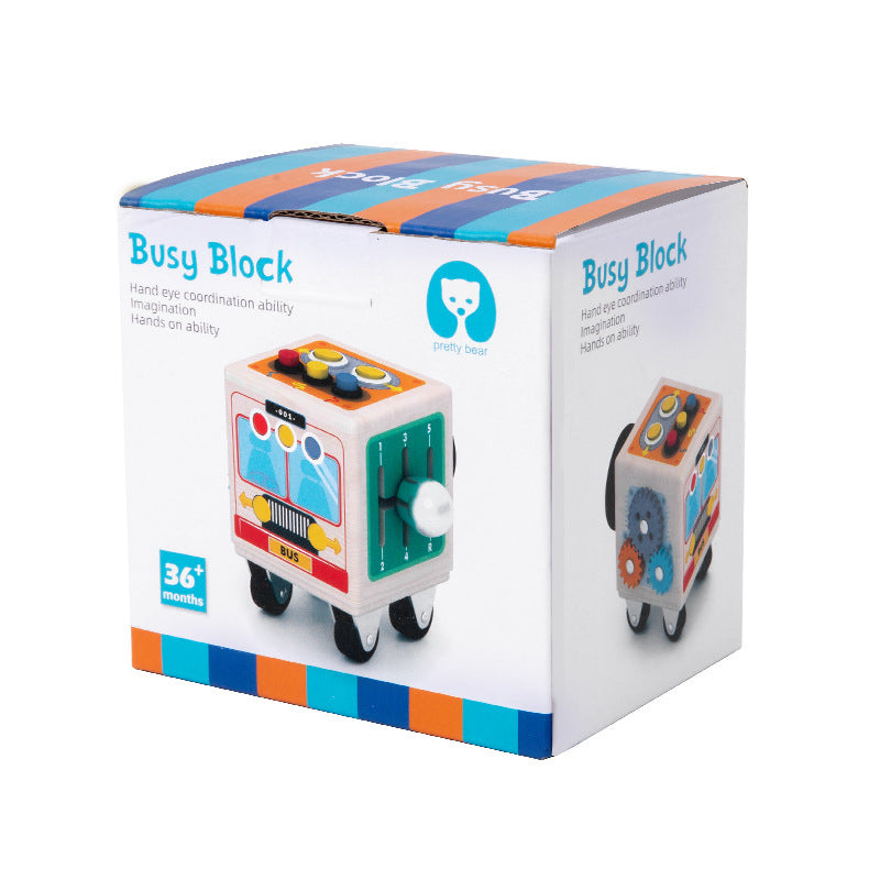 Interaktiver Montessori "Besetzter Bus" aus Holz, der Kinder zwischen 4 und 6 Jahren beim Lernen unterstützt und ihre kognitiven Fähigkeiten spielerisch entwickelt.