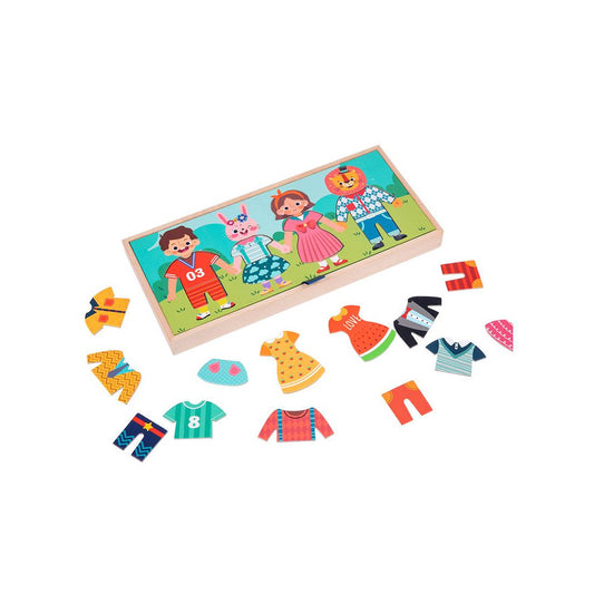 Montessori Früherziehung Spielzeug, ein Anziehpuzzle mit bunten Socken und Kleidungsstücken, ideal zur Förderung der Koordination und Beobachtungsfähigkeit bei Kindern.