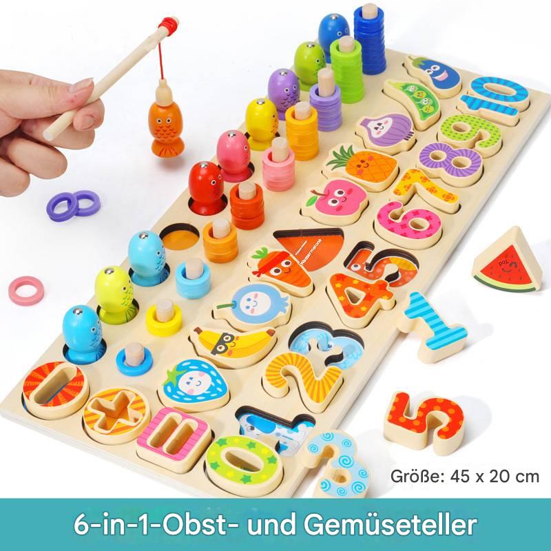 Kind spielt mit Montessori-Holzpuzzle, das Kognition und Motorik fördert, geeignet für Kinder von 0 bis 3 Jahren.
