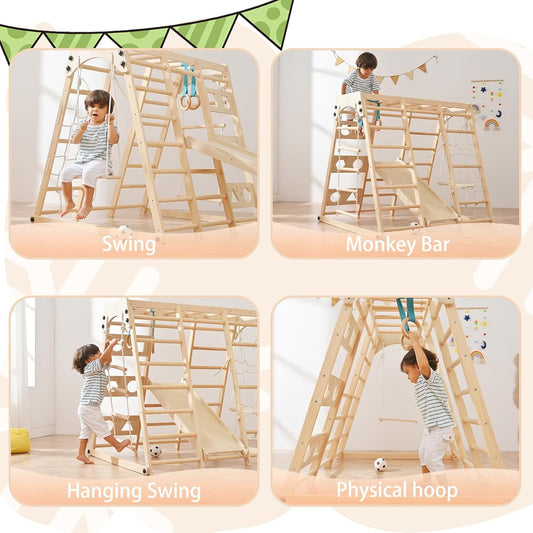 Montessori Klettergerüst aus Holz mit Rutsche und Schaukel für Kinder